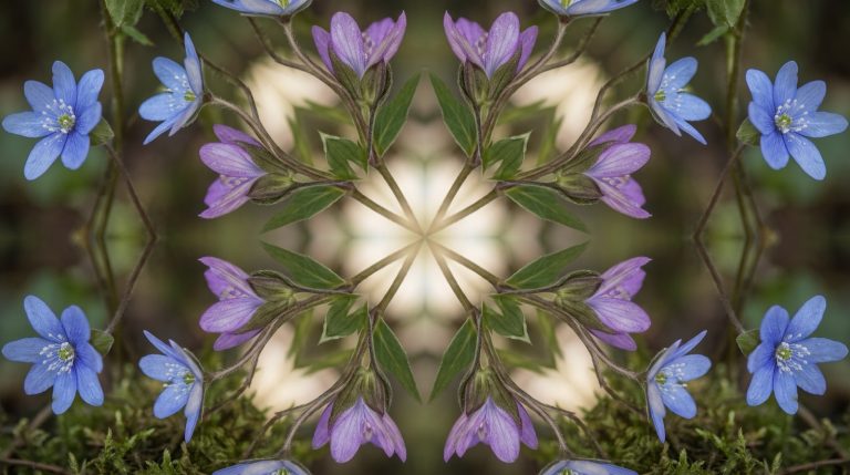 Synchronicité selon Jung : fleurs sauvages disposées en miroir autour d'un point de lumière