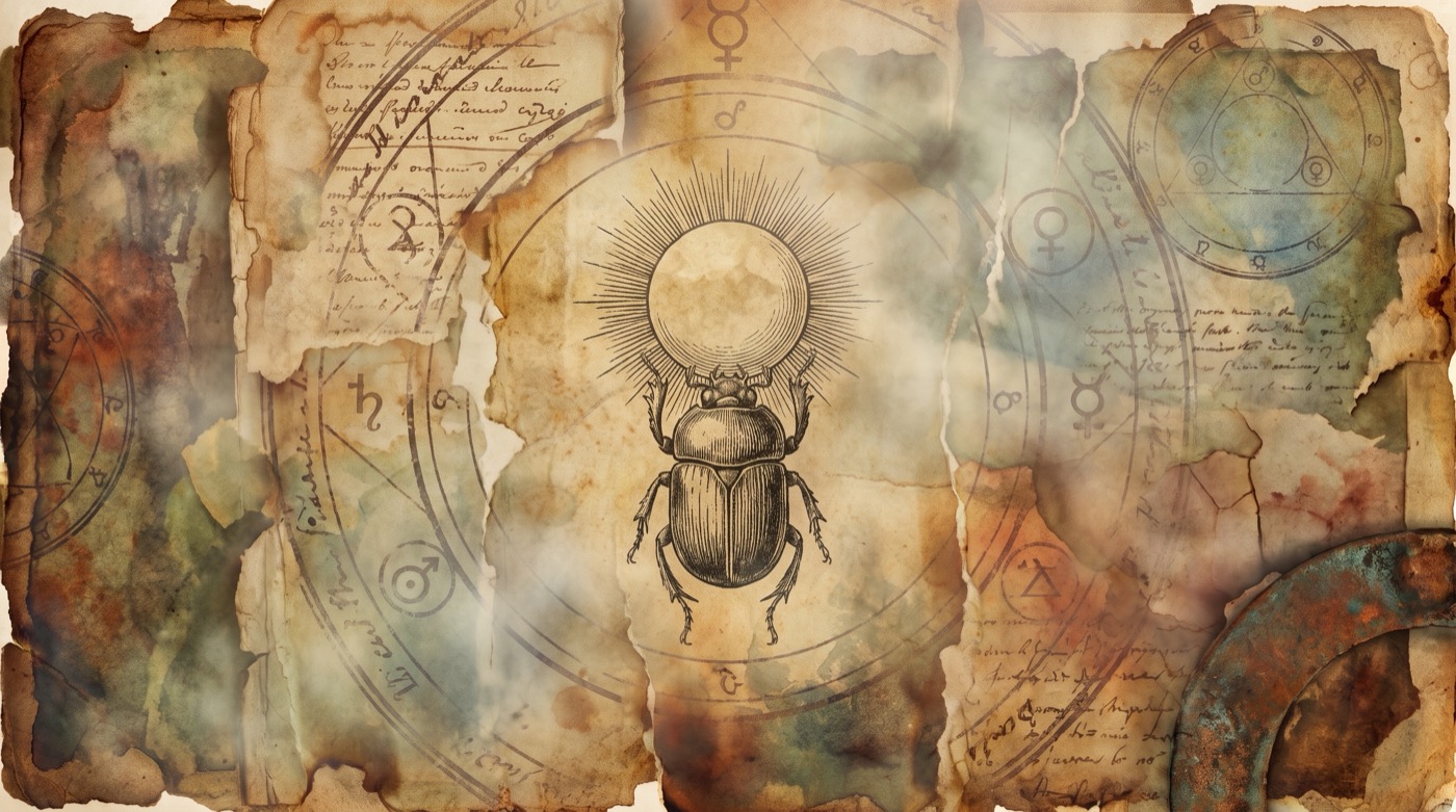 Synchronicité selon Jung : gravure ancienne d'un scarabée et d'un disque solaire parmi des cercles alchimiques