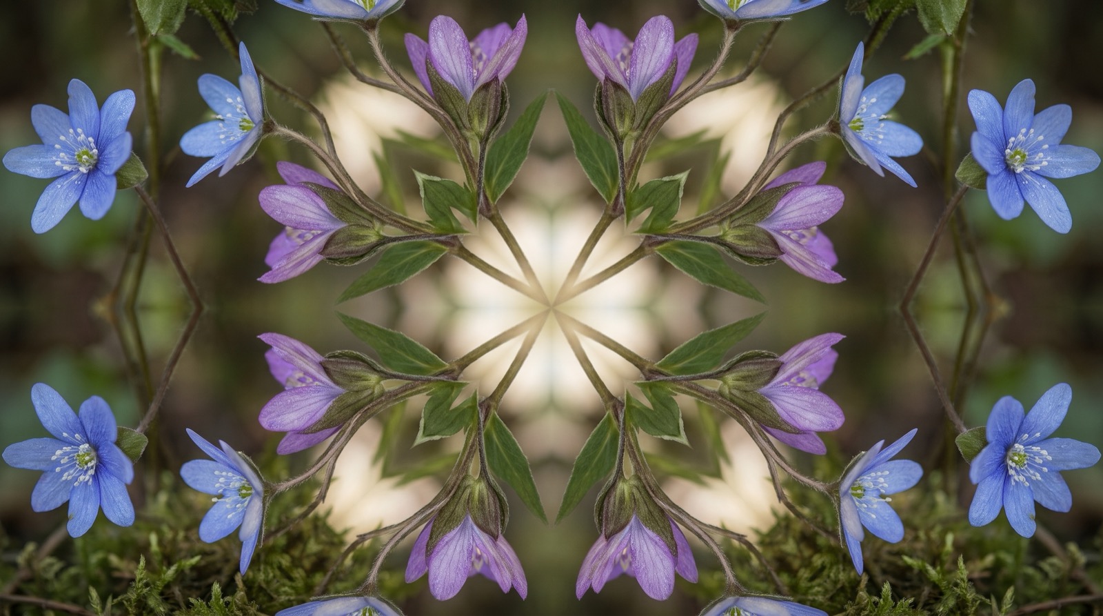 Synchronicité selon Jung : fleurs sauvages disposées en miroir autour d'un point de lumière