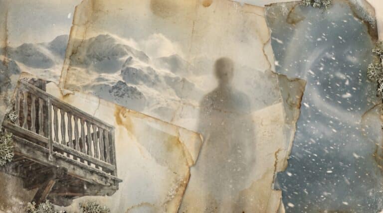 Besoin de se justifier et regard des autres : collage de papiers anciens, balcon de chalet et silhouette dans la neige, d'après Anatomie d'une chute (style Alio Die)