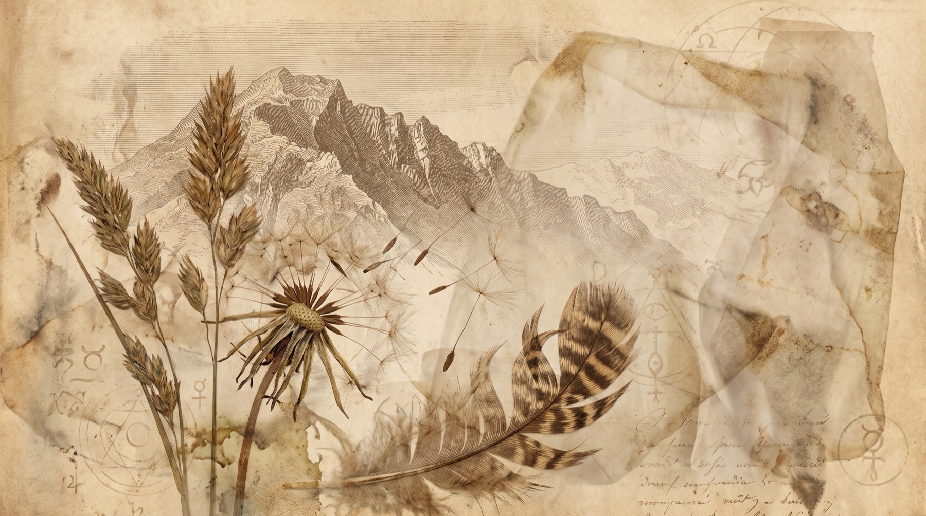 Herbier sépia : une montagne gravée et, derrière elle, une seconde plus pâle ; épis séchés, plume et pissenlit qui lâche ses graines