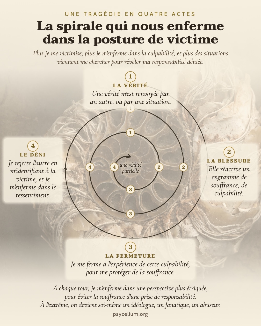 Schéma : la spirale qui nous enferme dans la posture de victime, en quatre actes (vérité, blessure, fermeture, déni)